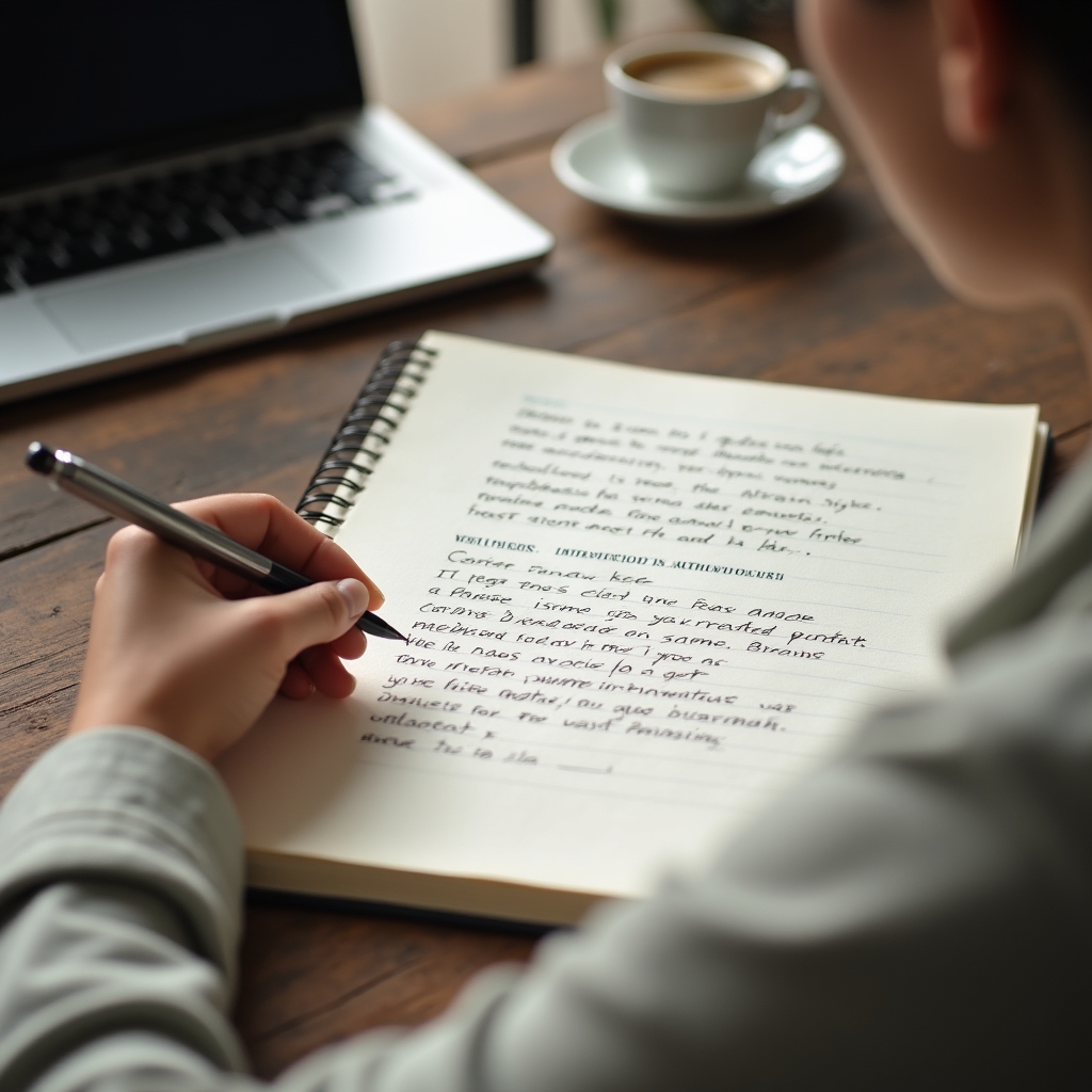 Notizbuch mit handschriftlichen Fragen für ein Kundeninterview auf einem Holztisch