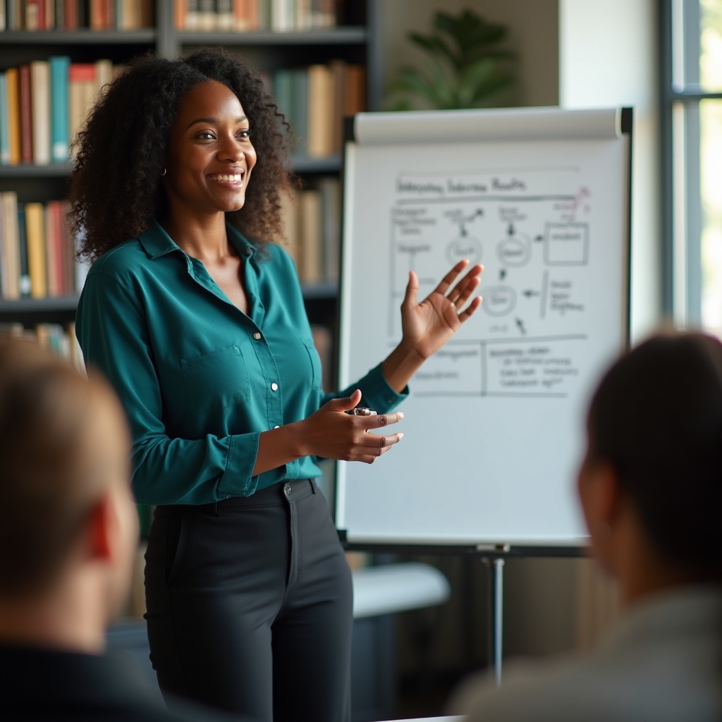 Workshopleitung erklärt an einem Whiteboard die Auswertung von Kundeninterviews