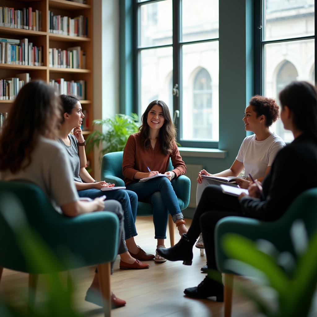 Kleine Gruppe von Gründerinnen und Gründern im Stuhlkreis beim gegenseitigen Feedback