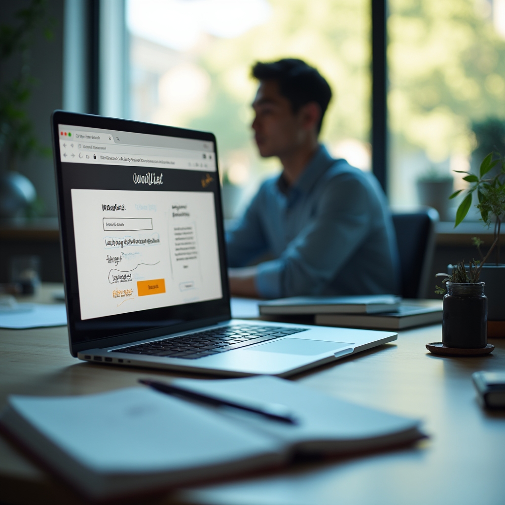 Laptop mit skizzierter Landingpage für eine Warteliste ohne fertiges Produkt